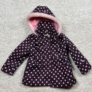 OshKosh B'gosh Girls Size 5 Polka Dot Hooded Fleece Coat Jacket Pink Brown